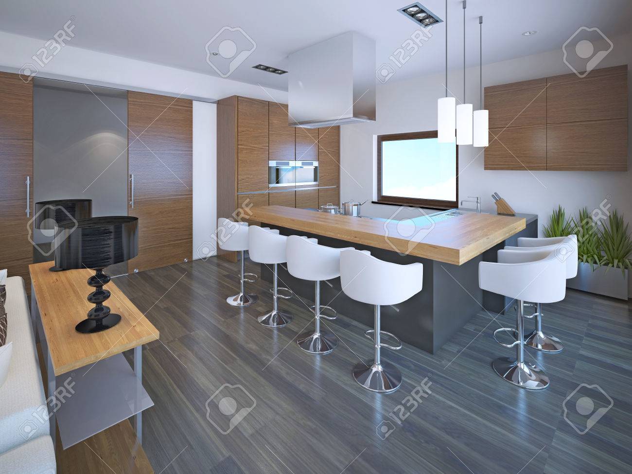Light L Shaped Kitchen Design In Ontoart Style Set Of Brown Stock Photo Picture And Royalty Free Image Image 47622177
