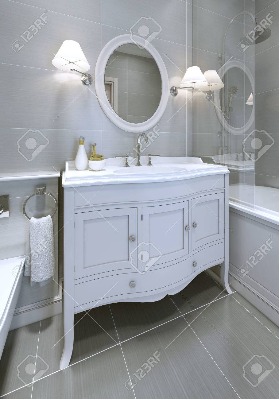 Blanc Style Art Déco, Console De Lavabo Dans Une Salle De Bains ... Blanc Style Art Déco, Console De Lavabo Dans Une Salle De Bains ...