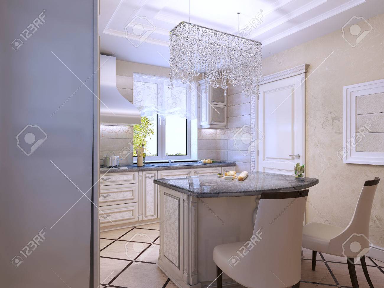 Diseño de interiores de una cocina moderna de lujo. Encimera brillante de la barra. Procesamiento 3D Diseño de interiores de una cocina moderna de lujo. Encimera brillante de la barra. Procesamiento 3D