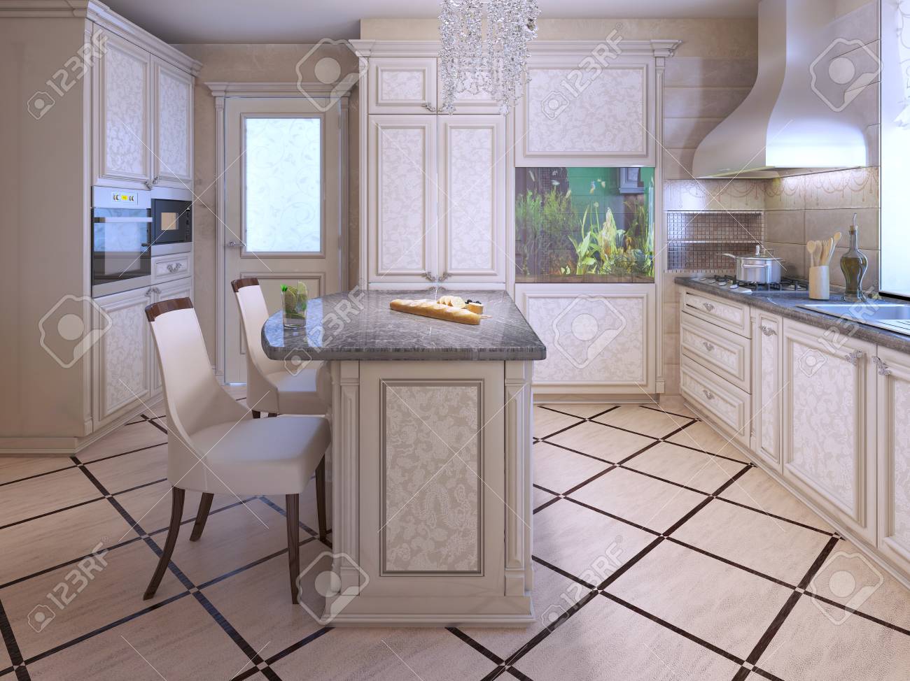 お金持ちの家の台所のインテリア。キッチン インテリアのタイルを使用します。モダンなアパートメントの装飾としての水族館。3 D  のレンダリングの写真素材・画像素材 Image 50515011