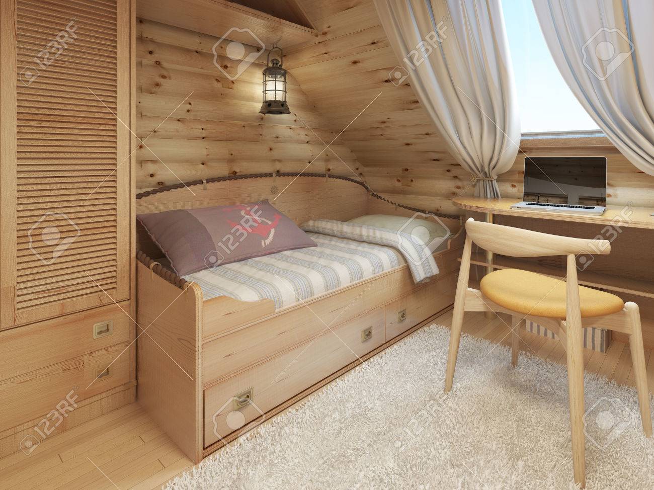 Bed And Desk In The Children S Room A Log House Attic