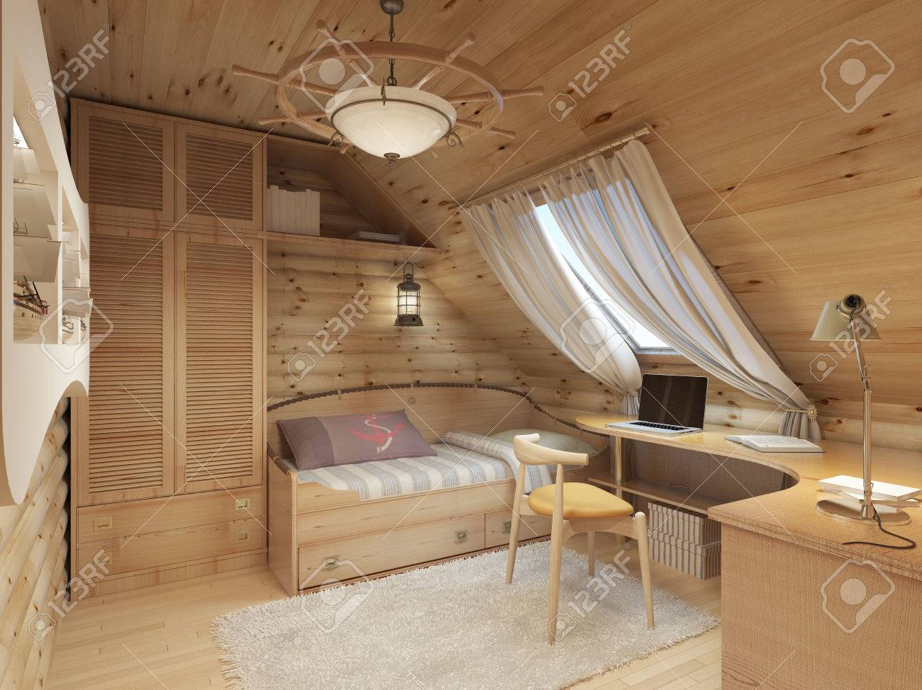 屋根裏部屋でのログハウスのティーンエイ ジャーのための子供たち マリン スタイルの子供用家具 ベッド ワードローブ デスク 3 D のレンダリング の写真素材 画像素材 Image