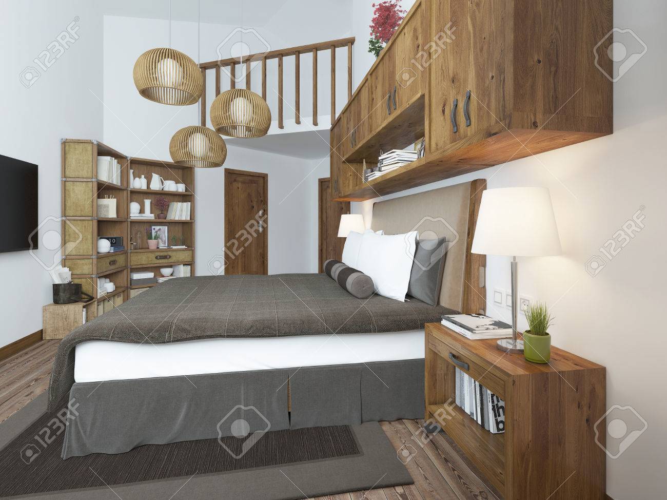 Large Bright Bedroom In The Loft Above The Bed Hang Shelves