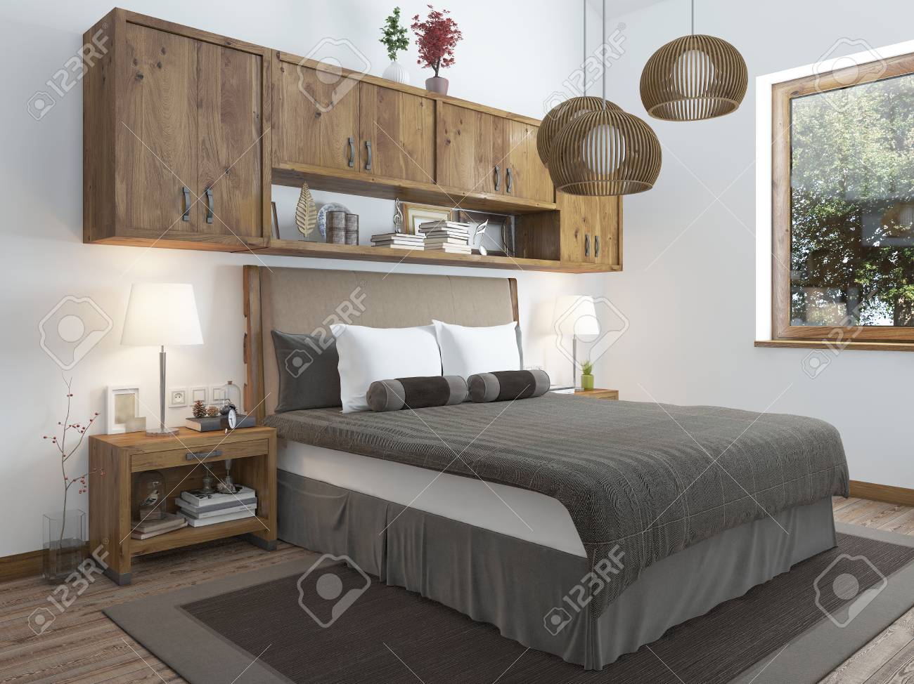 Large Bright Bedroom In The Loft Above The Bed Hang Shelves