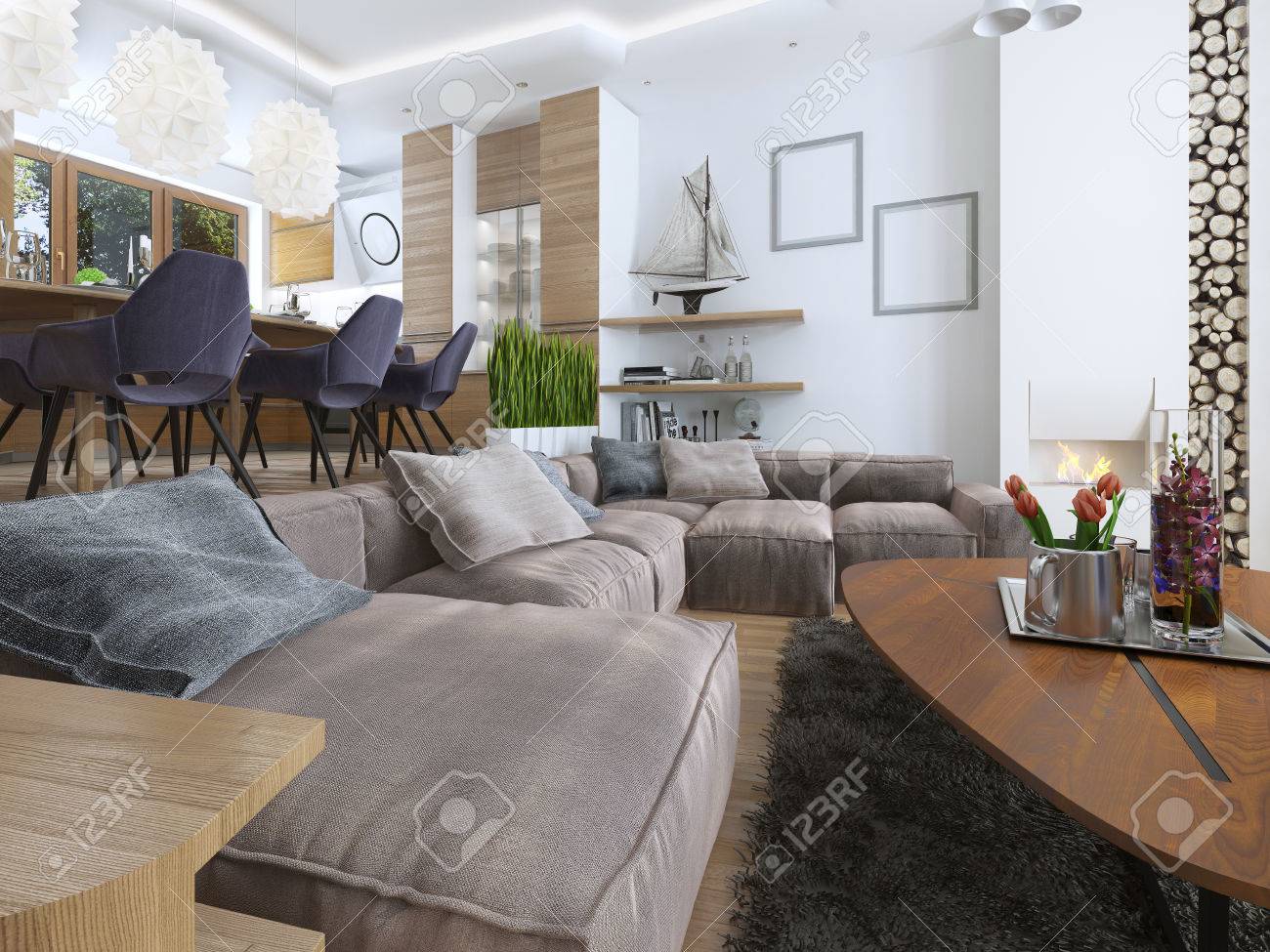 Salon moderne dans un style loft, mélangeant harmonieusement dans la cuisine salle à manger. Grand canapé d'angle, des étagères avec des décorations, Salon moderne dans un style loft, mélangeant harmonieusement dans la cuisine salle à manger. Grand canapé d'angle, des étagères avec des décorations,