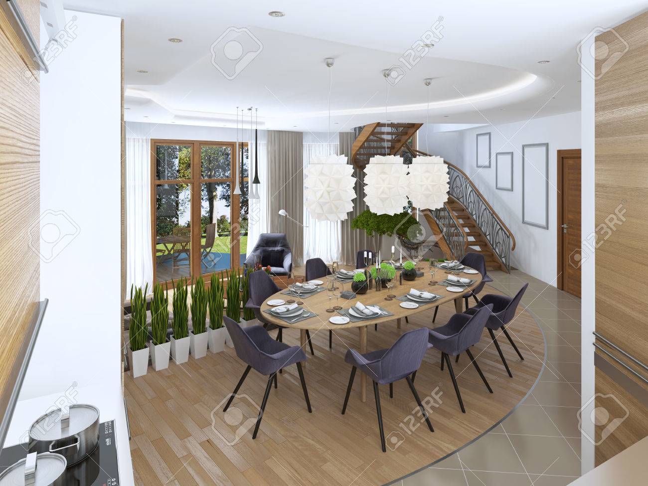 8 布張りの椅子とテーブルの上の美しいシャンデリア キッチンで大きなダイニング テーブル 現代的なスタイルのダイニング ルームを設計します 3 D のレンダリング の写真素材 画像素材 Image