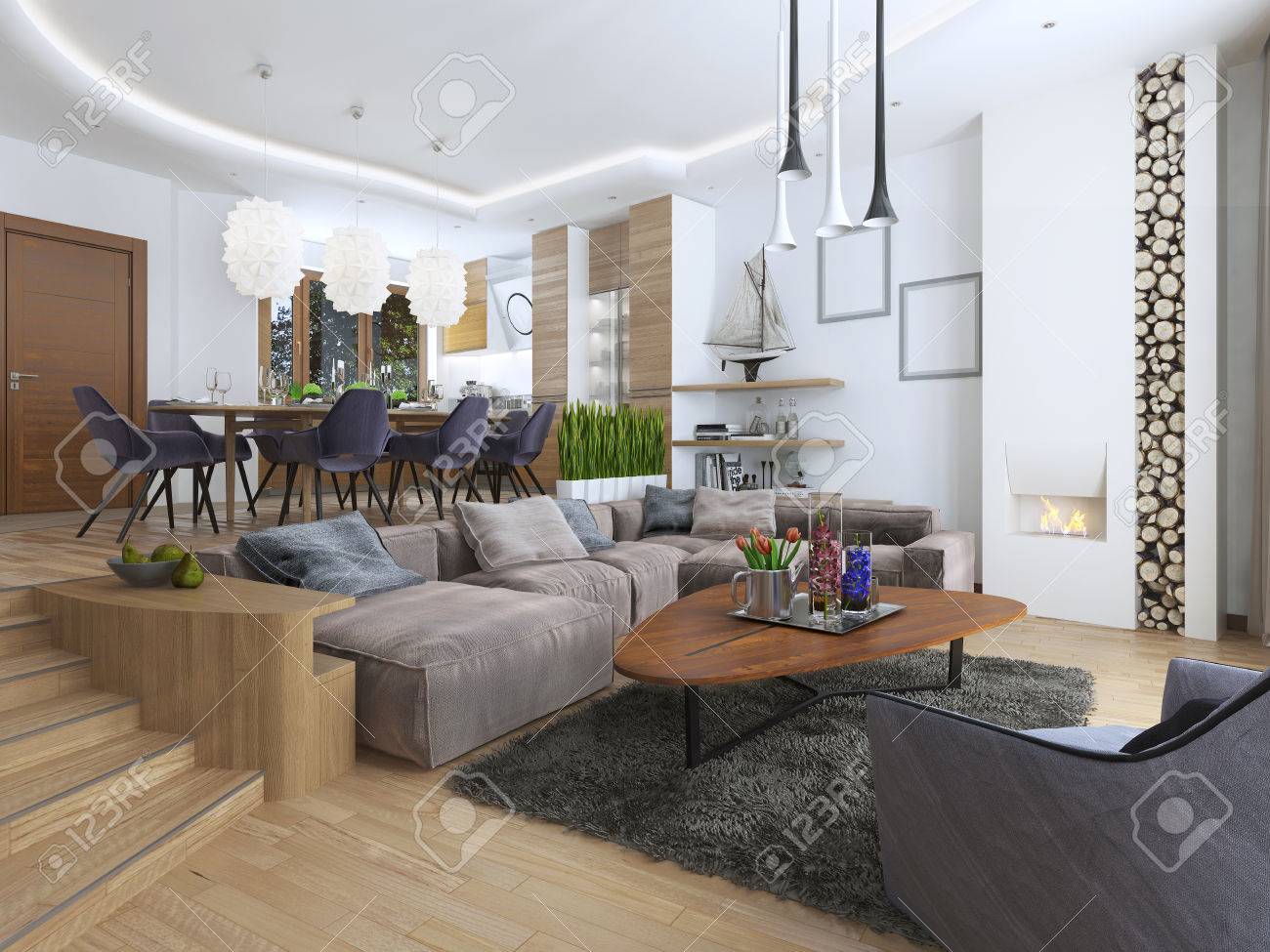 Salon moderne dans un style loft, mélangeant harmonieusement dans la cuisine salle à manger. Grand canapé d'angle, des étagères avec des décorations, Salon moderne dans un style loft, mélangeant harmonieusement dans la cuisine salle à manger. Grand canapé d'angle, des étagères avec des décorations,