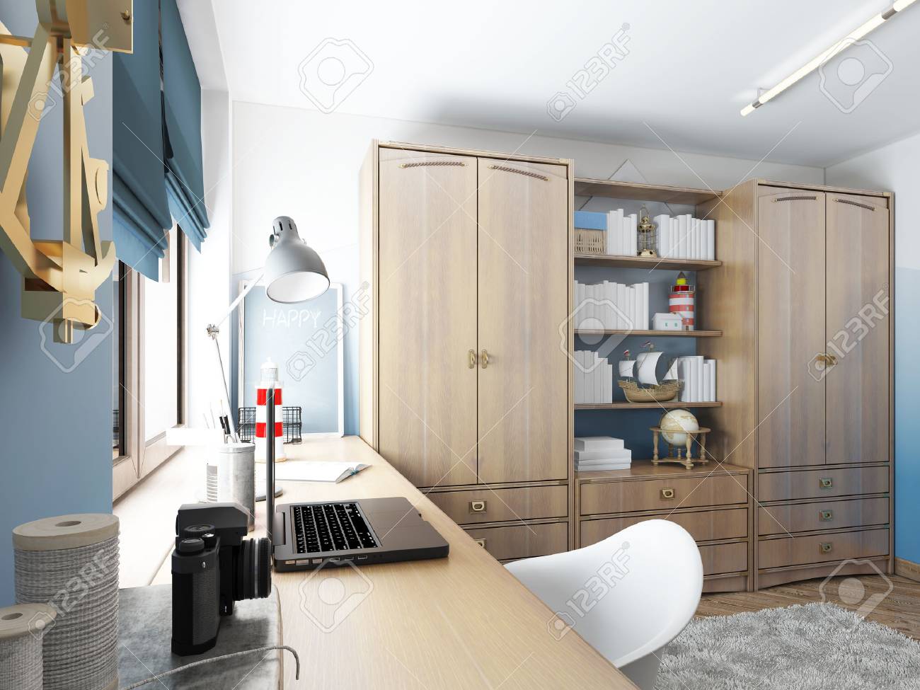 Entretenimiento dígito Proverbio Gran Armario Con Estantes Para La Ropa Y Artículos Decoraciones Y Un Escritorio En La Habitación De Los Niños. Habitación De Los Niños En El Estilo Moderno Marítima. 3d Rinden Fotos, Retratos, Entretenimiento dígito Proverbio Gran Armario Con Estantes Para La Ropa Y Artículos Decoraciones Y Un Escritorio En La Habitación De Los Niños. Habitación De Los Niños En El Estilo Moderno Marítima. 3d Rinden Fotos, Retratos,