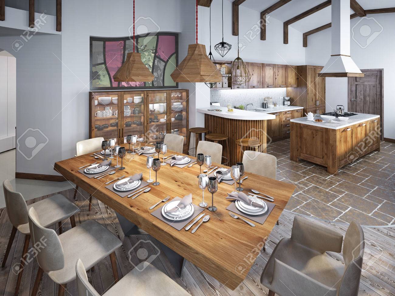 ロフトで天井が高く 大きなダイニング テーブルとダイニング ルーム 台所にスムーズにダイニング 3 D のレンダリング の写真素材 画像素材 Image