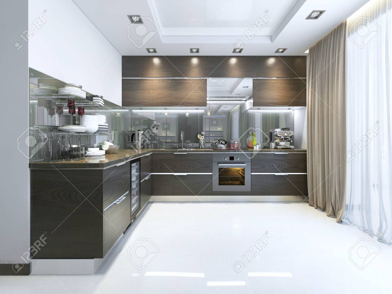 Kitchen-Contemporary in brown with white walls and marble floors. 3D render. - 64035174 Kitchen-Contemporary in brown with white walls and marble floors. 3D render. - 64035174