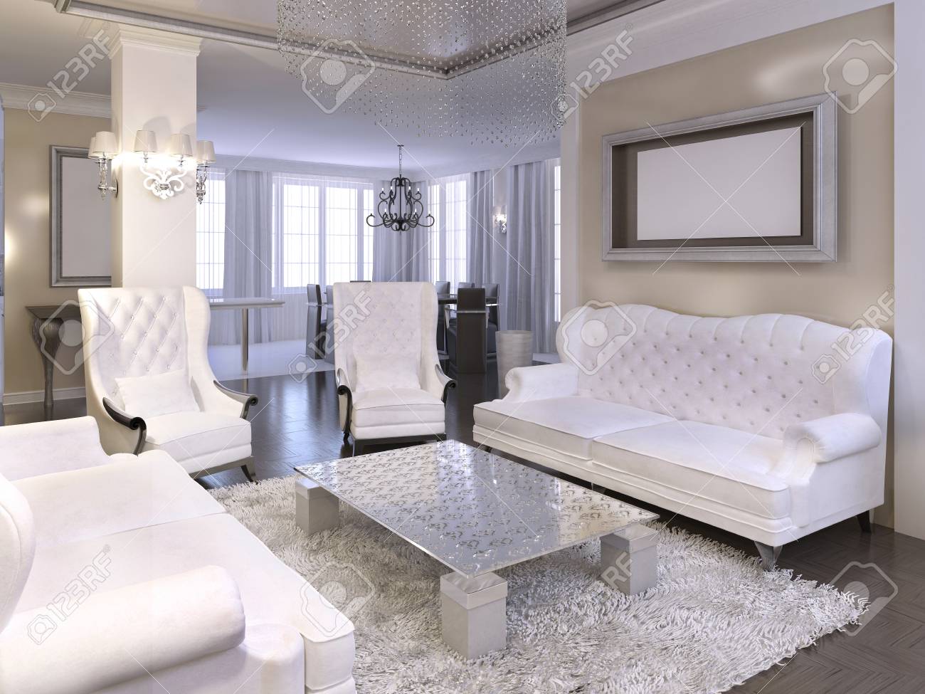 Luxurious Living Room Design With White Chairs And Sofa Silver