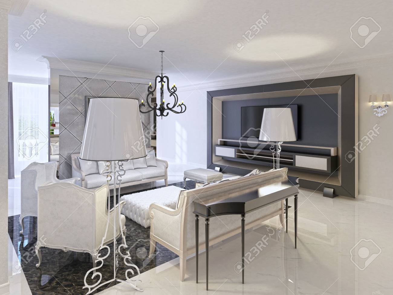Art-Deco-Wohnzimmer-Design Mit Weißen Möbeln Schwarz Konsolenseite ... Art-Deco-Wohnzimmer-Design Mit Weißen Möbeln Schwarz Konsolenseite ...