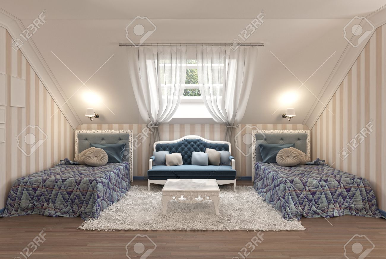 Luxus Kinderzimmer Fur Zwei Kinder Mit Zwei Einzelbetten In Blau Und Milch Farbe 3d Ubertragen Lizenzfreie Fotos Bilder Und Stock Fotografie Image 66490007