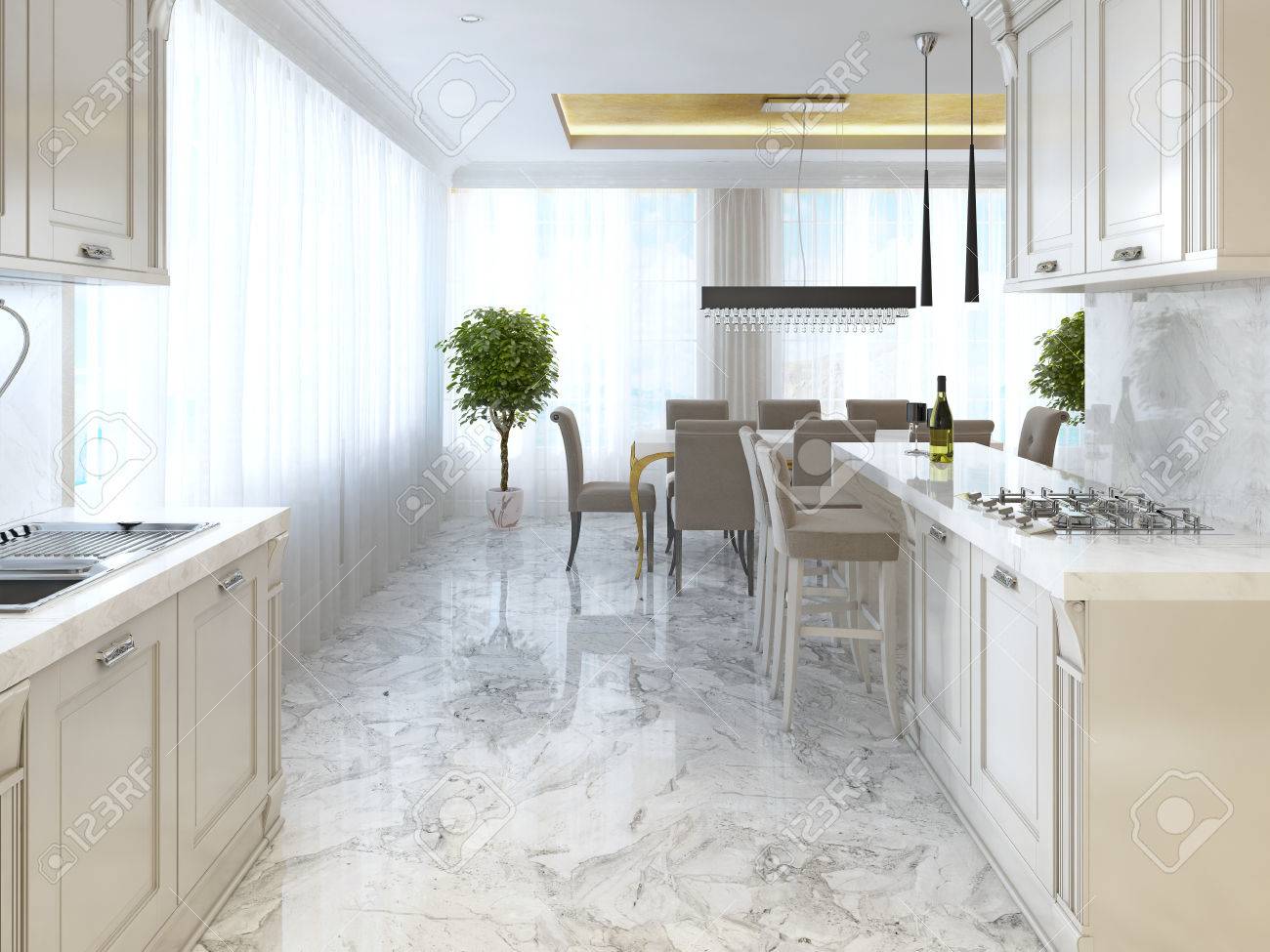 Cuisine de luxe avec des meubles opalin style art déco. Avec bar et tabourets de bar. Intégré dans les appareils de cuisine. Rendu 18D. Cuisine de luxe avec des meubles opalin style art déco. Avec bar et tabourets de bar. Intégré dans les appareils de cuisine. Rendu 18D.