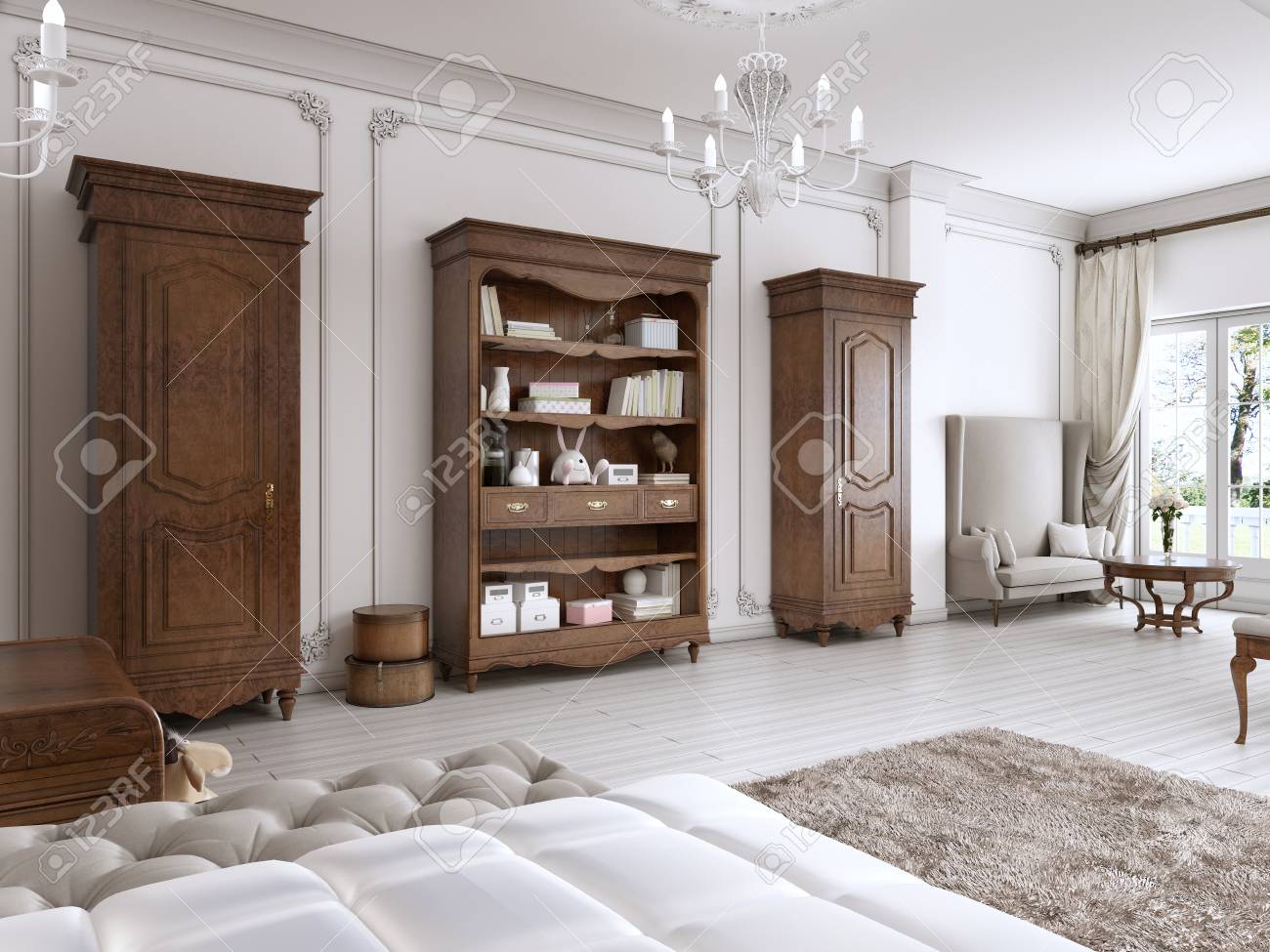 Zwei Klassische Garderobe Und Regale Braunen Farben Mit Bucher Und Dekor Die Mobel Im Kinderzimmer 3d Ubertragen Lizenzfreie Fotos Bilder Und Stock Fotografie Image 66073614