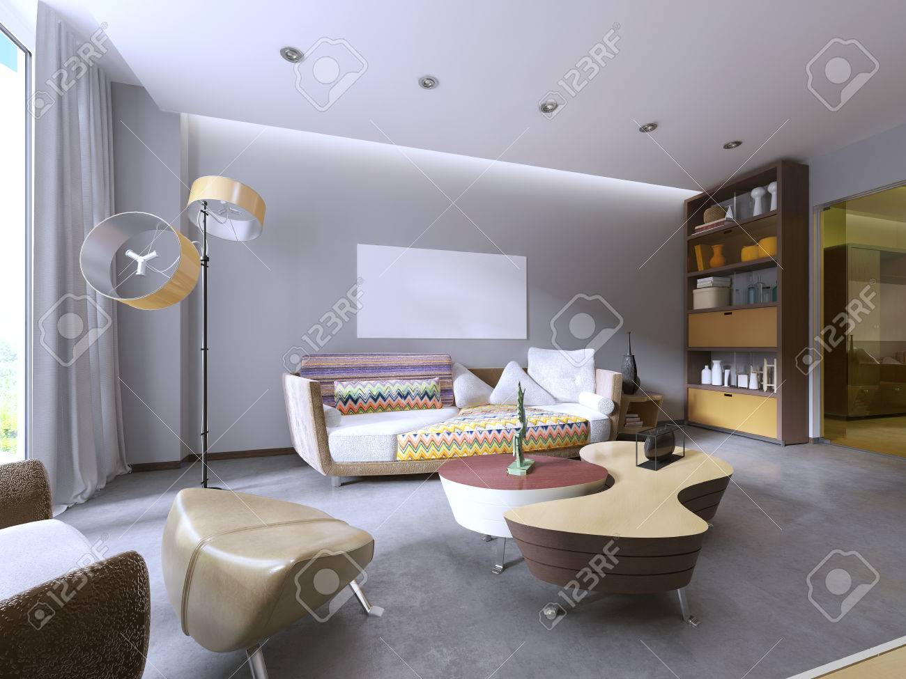 Modern Living Room In Kitsch Style With Tv Unit Bookcase And