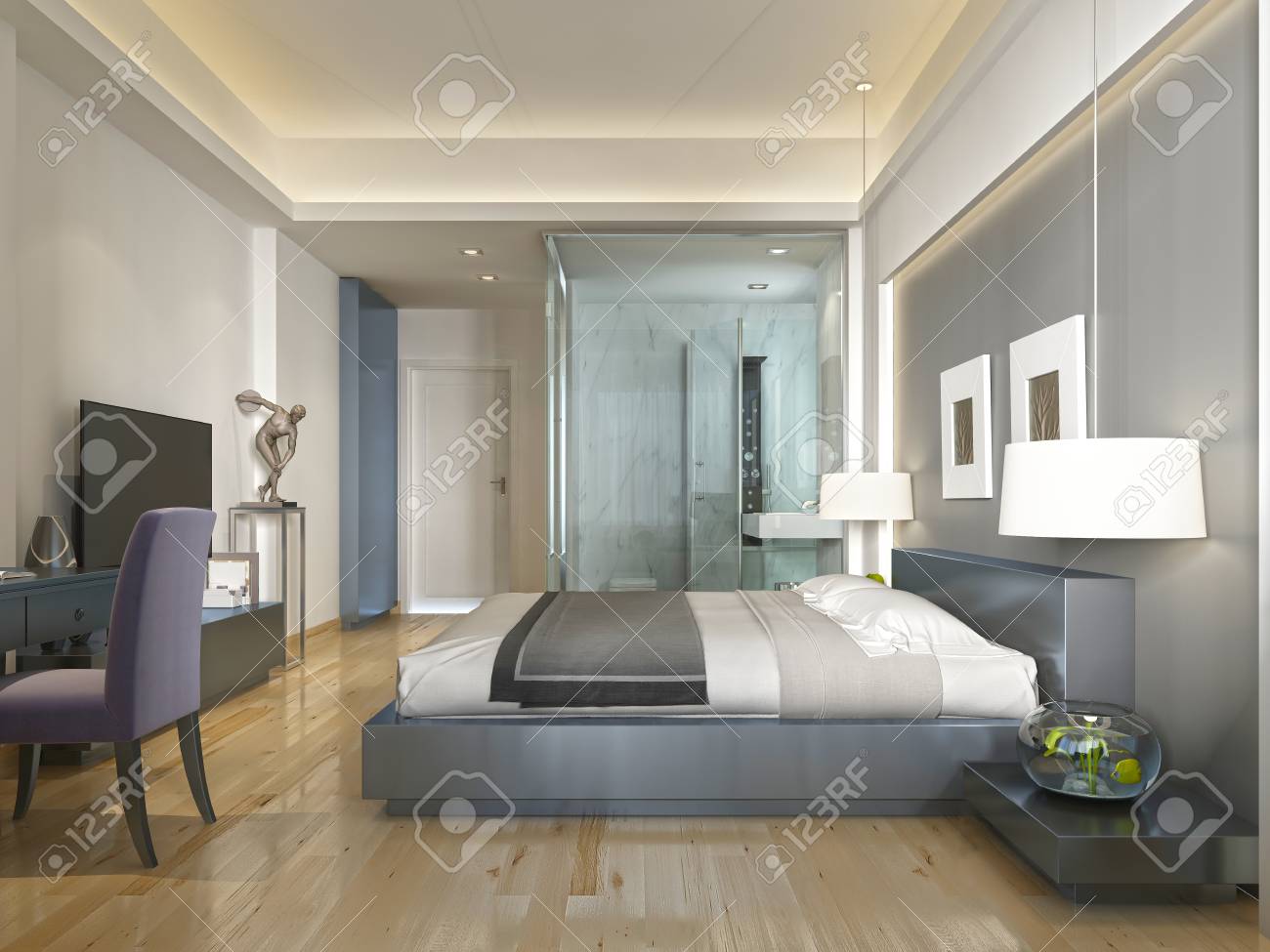 Chambre D Hotel Moderne Avec Grand Lit Style Contemporain Avec Des Elements De L Art Deco Niche Decorative Dans Le Mur Avec Eclairage Et Salle De Bain En Verre Rendu 3d Banque D Images Et