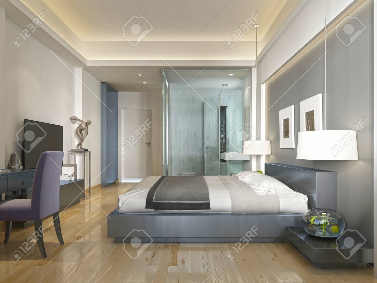 Habitación de un hotel moderno, con una cama grande, estilo contemporáneo con elementos del arte Deco. nicho decorativo en la pared con la iluminación Habitación de un hotel moderno, con una cama grande, estilo contemporáneo con elementos del arte Deco. nicho decorativo en la pared con la iluminación
