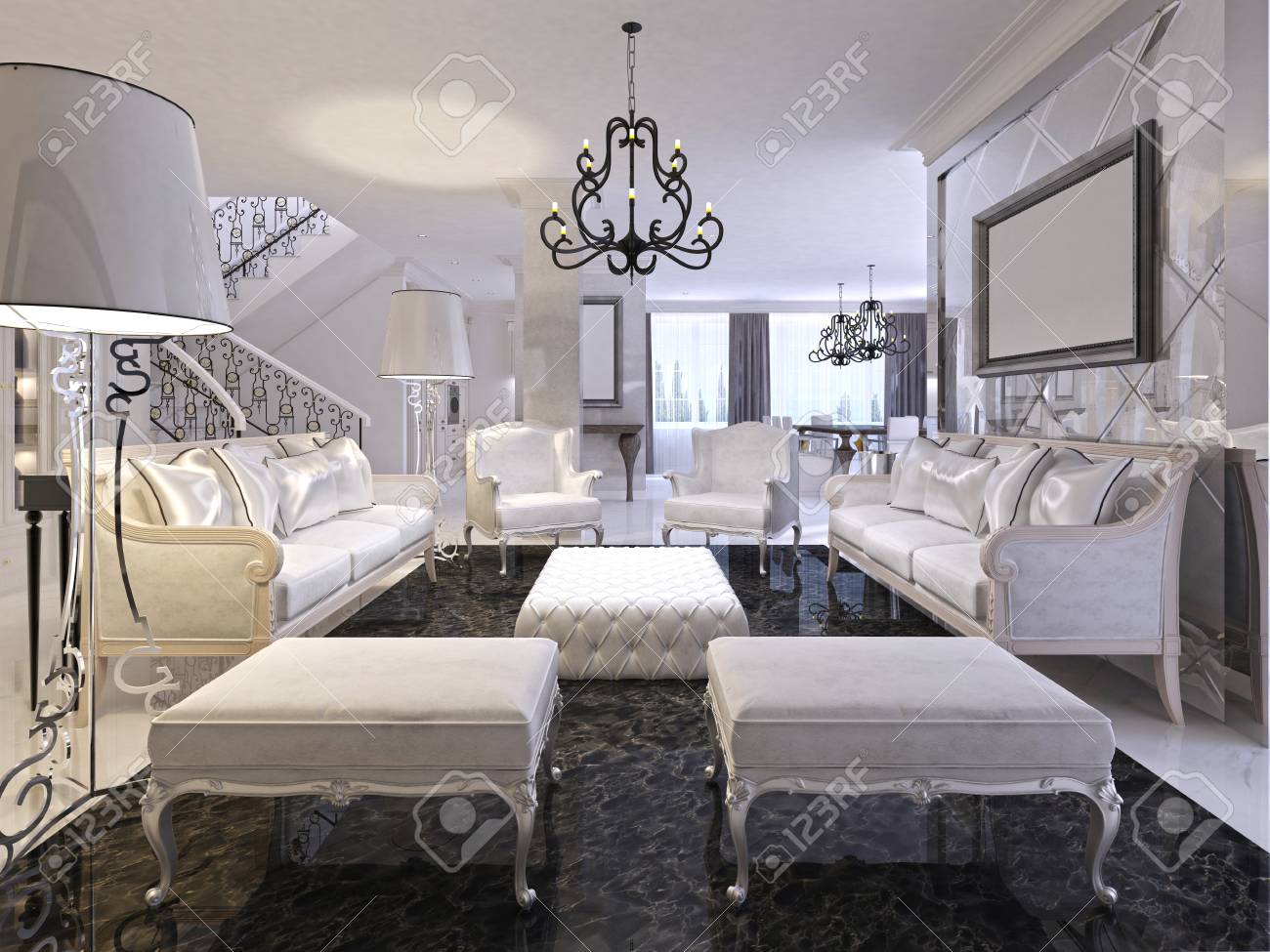 Luxury White Living Room With White Furniture And Black Marble