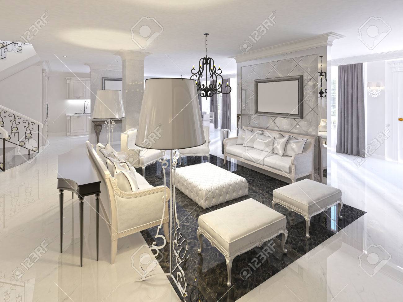 Art-Deco-Wohnzimmer-Design Mit Weißen Möbeln Schwarz Konsolenseite ... Art-Deco-Wohnzimmer-Design Mit Weißen Möbeln Schwarz Konsolenseite ...