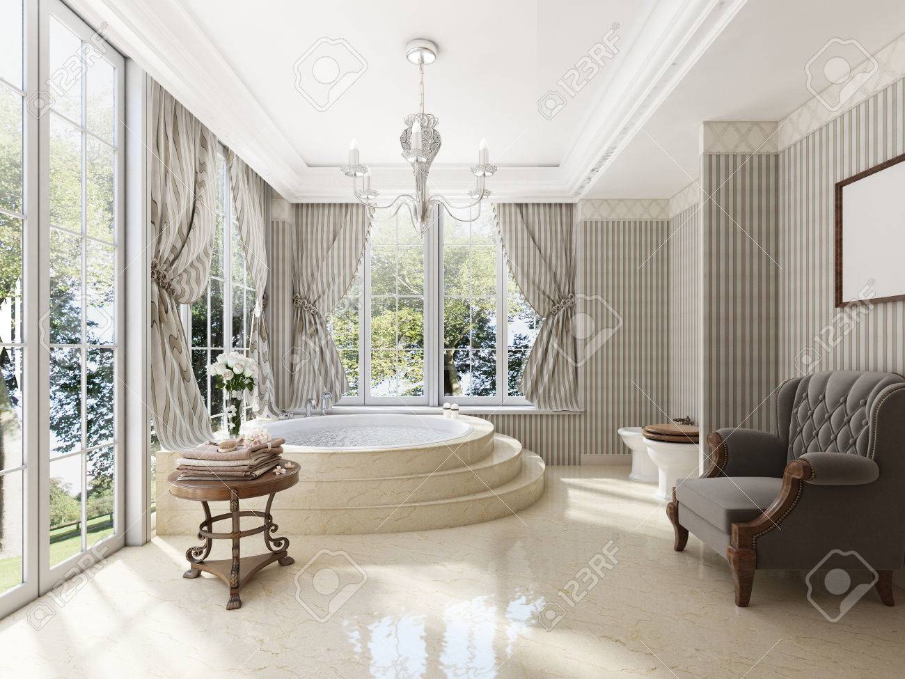 Salle De Bains Dans Le Luxe De Style Neo Classique Avec Eviers Et Baignoires Une Grande Baignoire Ronde Avec Marches En Marbre Un Fauteuil Confortable Pour Se Detendre Rendu 3d Banque D Images Et