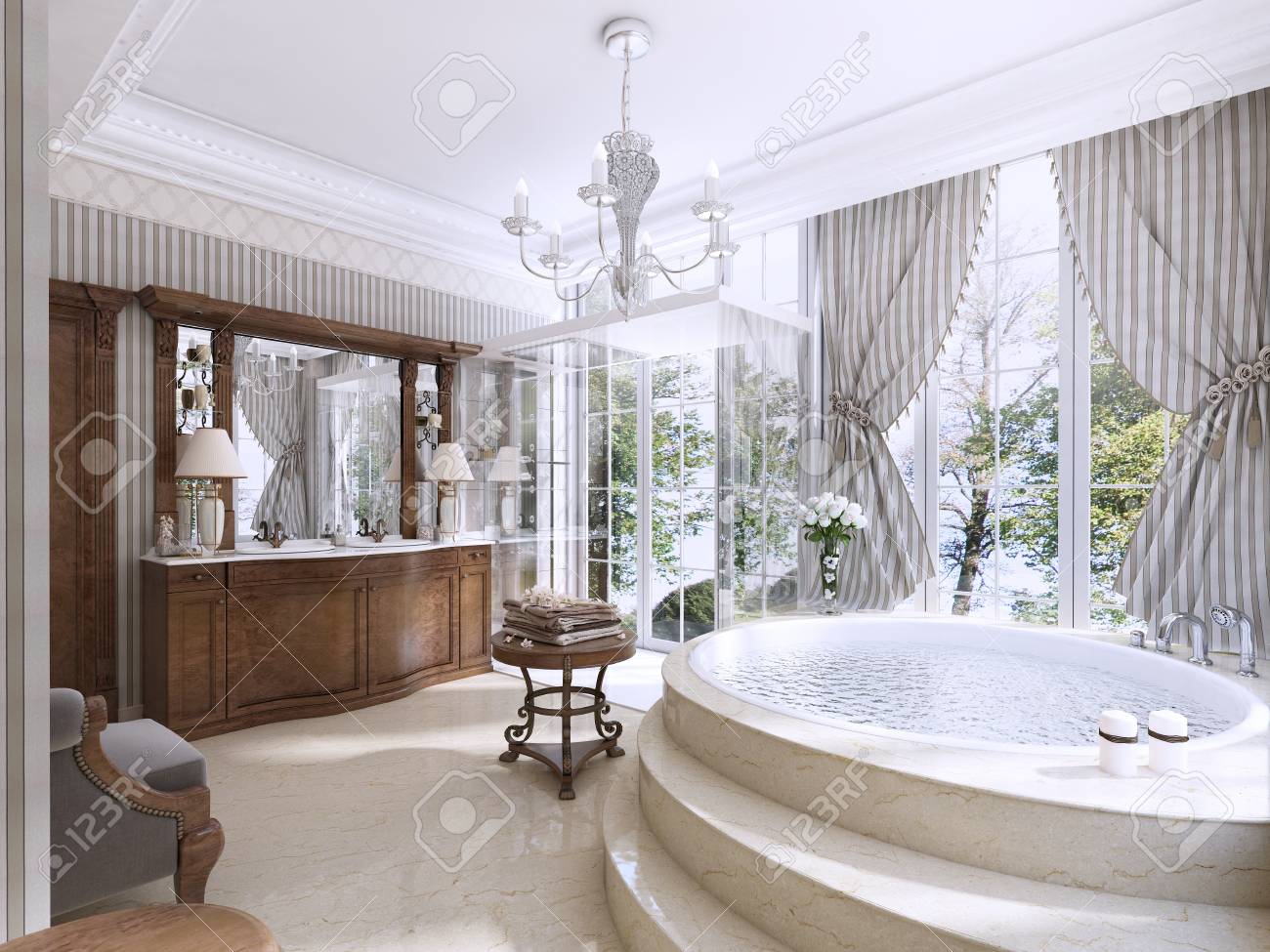 Baño De Lujo En Estilo Clásico. Cuarto De Baño Con Jacuzzi, Ducha Y ... Baño De Lujo En Estilo Clásico. Cuarto De Baño Con Jacuzzi, Ducha Y ...