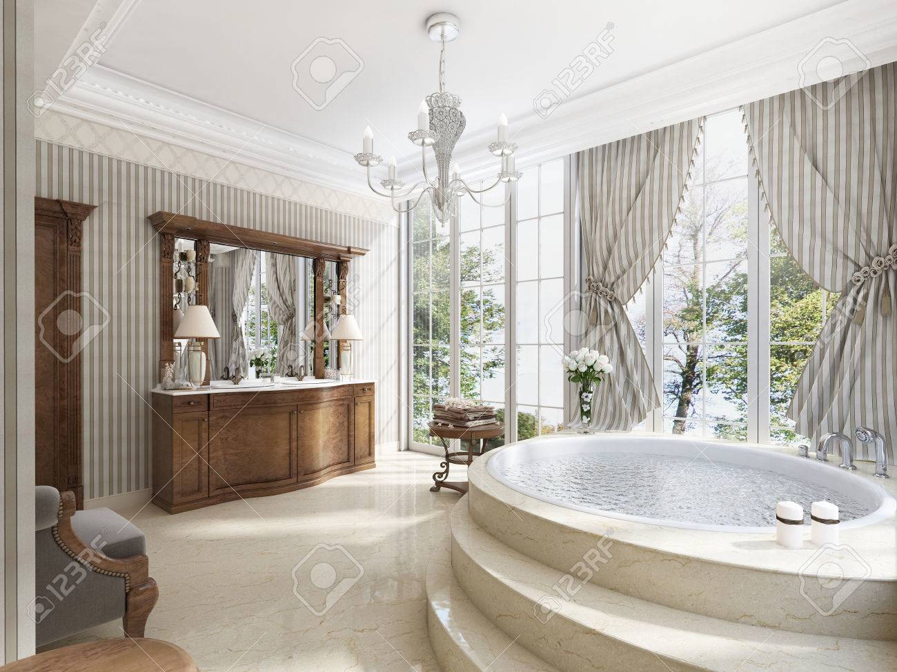 Salle De Bains Dans Le Luxe De Style Neo Classique Avec Eviers Et Baignoires Une Grande Baignoire Ronde Avec Marches En Marbre Un Fauteuil Confortable Pour Se Detendre Rendu 3d Banque D Images Et