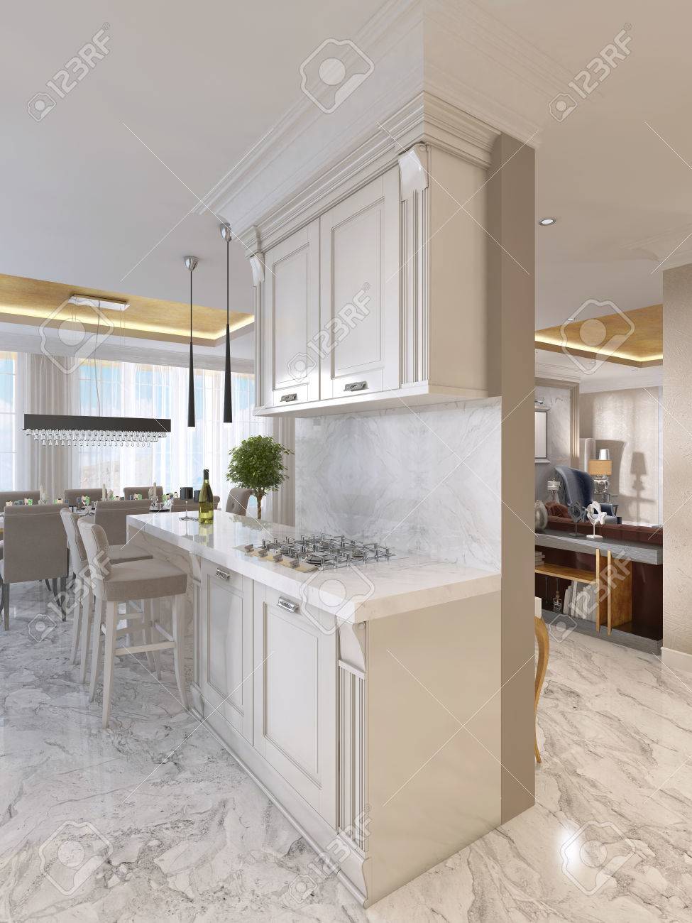 Cocina de lujo con muebles de opalina en estilo art déco. Con la barra de desayuno y taburetes de la barra. Integrado en los aparatos de cocina. Cocina de lujo con muebles de opalina en estilo art déco. Con la barra de desayuno y taburetes de la barra. Integrado en los aparatos de cocina.