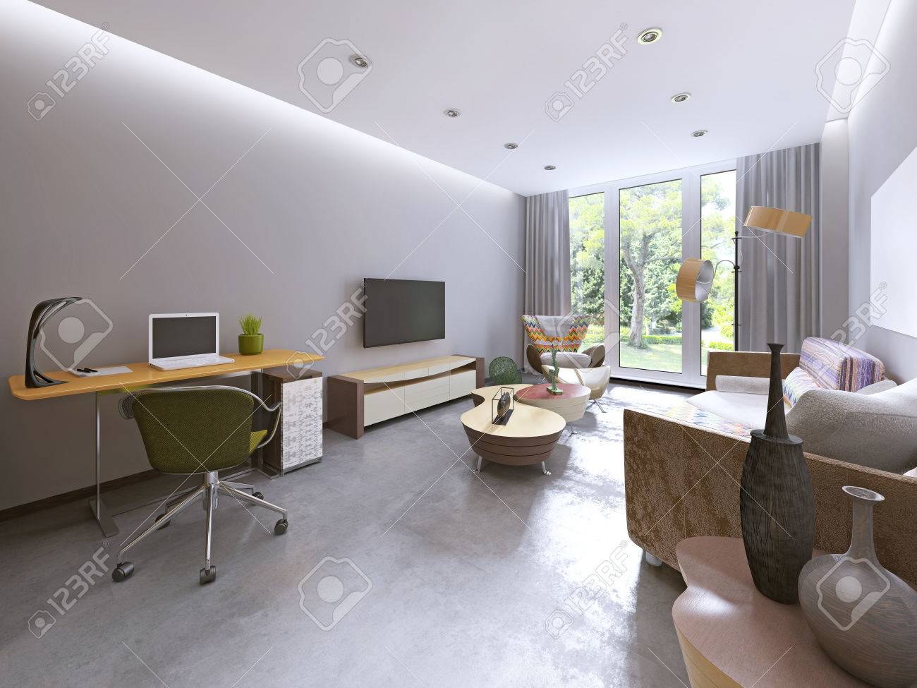 Modern Living Room In Kitsch Style With Tv Unit Bookcase And