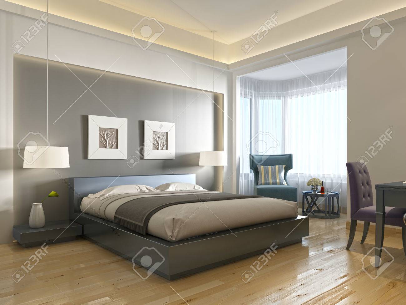 Habitación de un hotel moderno, con una cama grande, estilo contemporáneo con elementos del arte Deco. nicho decorativo en la pared con la iluminación Habitación de un hotel moderno, con una cama grande, estilo contemporáneo con elementos del arte Deco. nicho decorativo en la pared con la iluminación