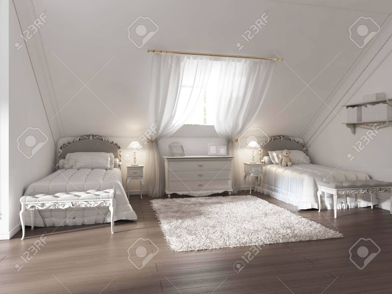 Luxus Kinderzimmer Fur Zwei Kinder Im Art Deco Stil Das Design Ist In Weiss Und Pastellfarben Gefertigt 3d Ubertragen Lizenzfreie Fotos Bilder Und Stock Fotografie Image 66491431