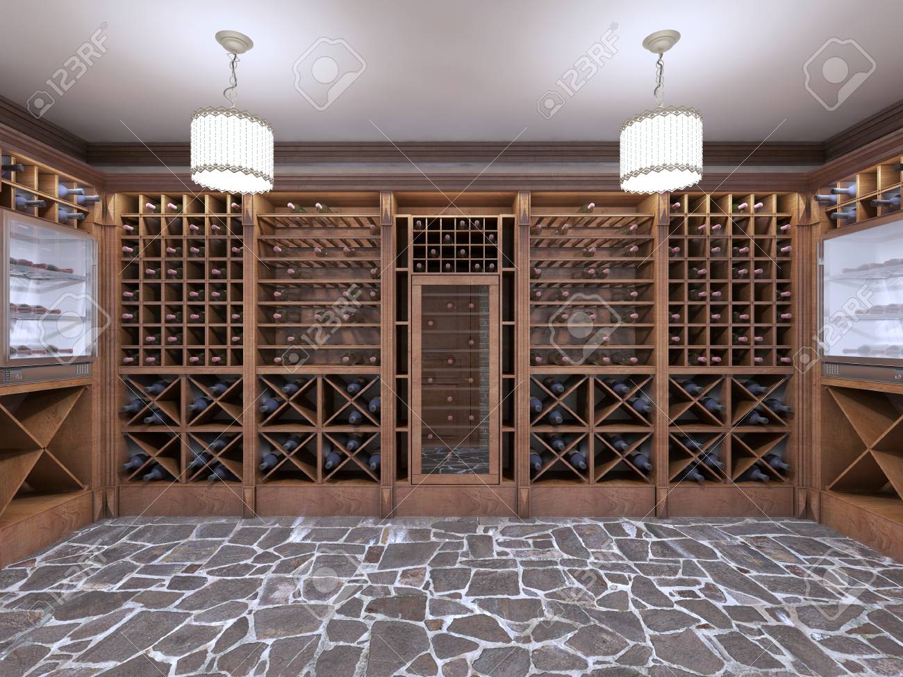Cave à vin au sous-sol de la maison dans un style rustique. vin ouvert racks avec des bouteilles. Rendu 9D. Cave à vin au sous-sol de la maison dans un style rustique. vin ouvert racks avec des bouteilles. Rendu 9D.