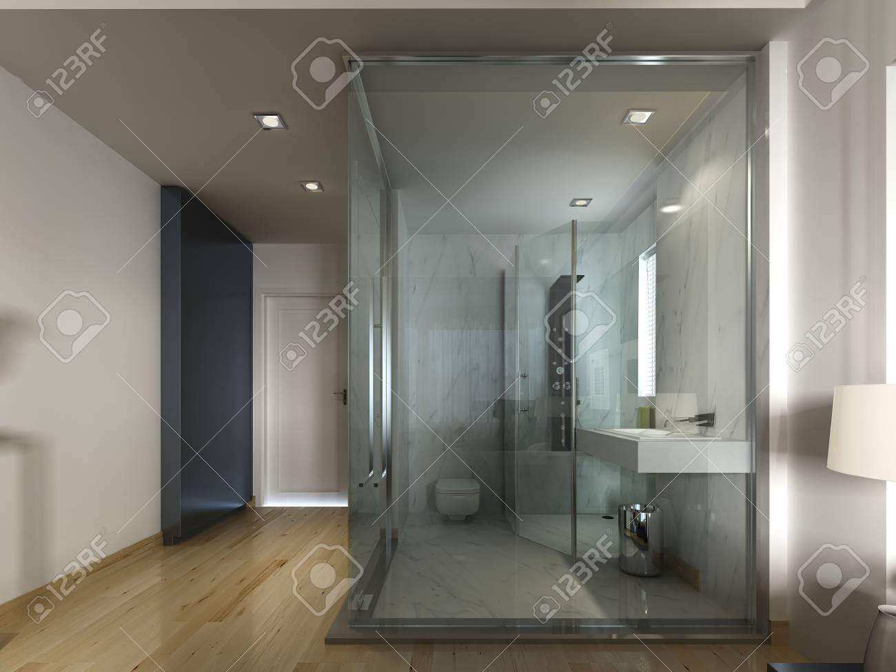 ガラスとシースルーのバスルームのモダン デザインの高級ホテルの部屋 3 D のレンダリング の写真素材 画像素材 Image