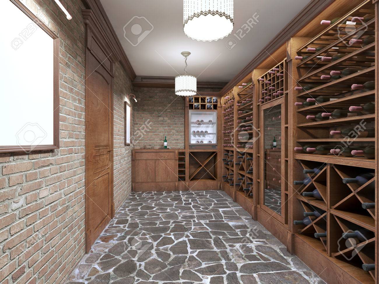 Cave à vin au sous-sol de la maison dans un style rustique. vin ouvert racks avec des bouteilles. Rendu 9D. Cave à vin au sous-sol de la maison dans un style rustique. vin ouvert racks avec des bouteilles. Rendu 9D.