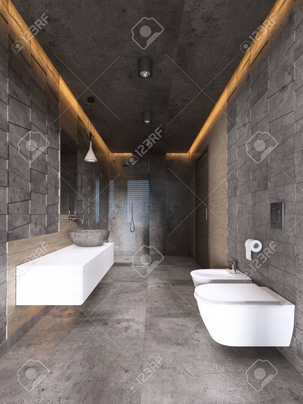 Contemporary Bathroom In Dark Tones With Ceiling Lighting 3d