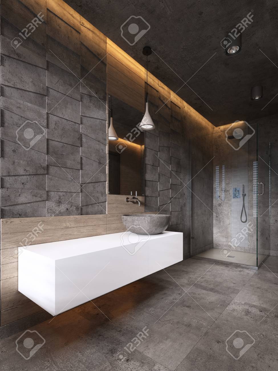 Contemporary Bathroom In Dark Tones With Ceiling Lighting 3d