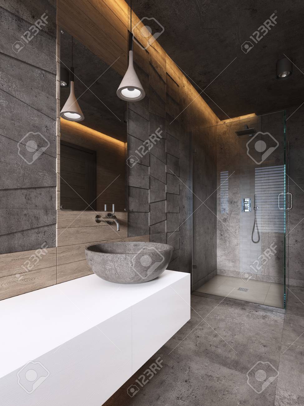 Contemporary Bathroom In Dark Tones With Ceiling Lighting 3d