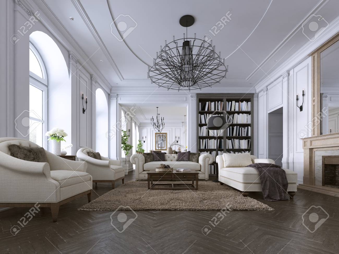 Classic Living Room Paneling And Ceiling Moldings Over A