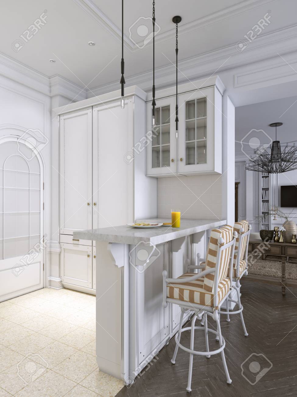 Bar Stools In Classic White Kitchen 3d Rendering Stock Photo