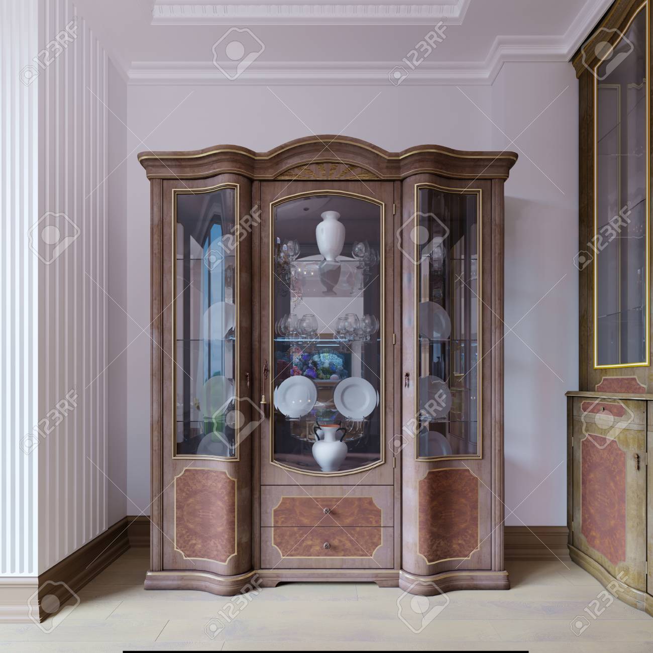 Glass Sideboard In A Classic Form In The Dining Room With
