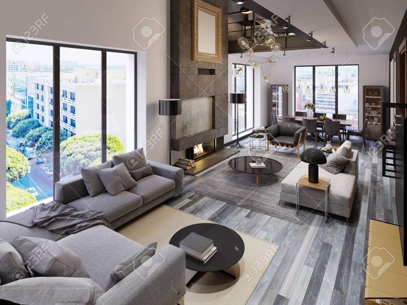 Two Level Living Room Apartment With Dining Area And Tv Area Stock Photo Picture And Royalty Free Image Image 113848154