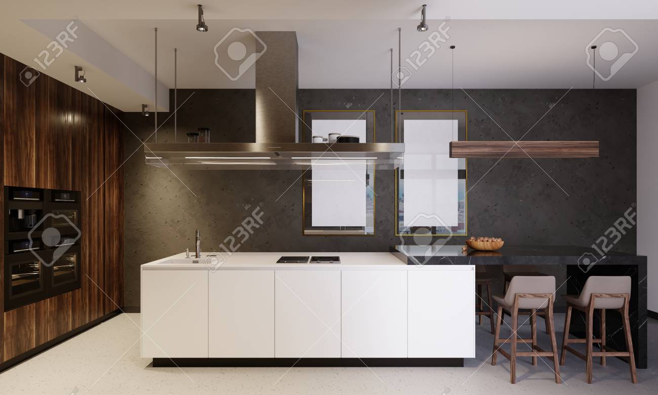 Luxurious kitchen furniture with a white bottom and wooden top, combining white and brown wooden elements. Modern contemporary kitchen. 3d rendering. - 113848485 Luxurious kitchen furniture with a white bottom and wooden top, combining white and brown wooden elements. Modern contemporary kitchen. 3d rendering. - 113848485