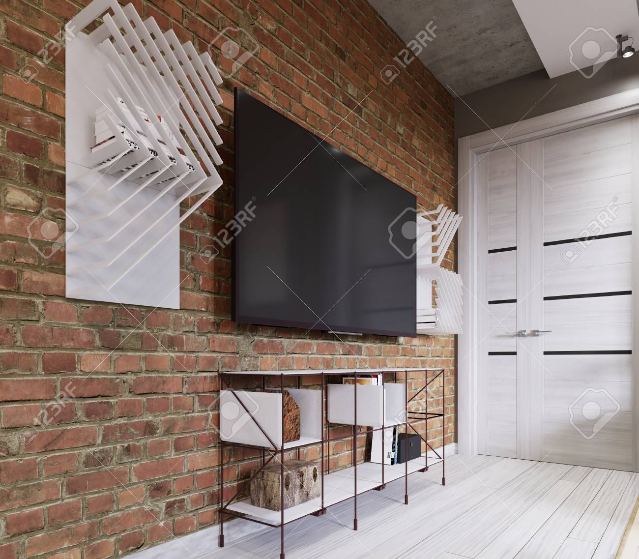 Modern Living Room Interior Tv Mounted On Brick Wall With Black Stock Photo Picture And Royalty Free Image Image 113849265