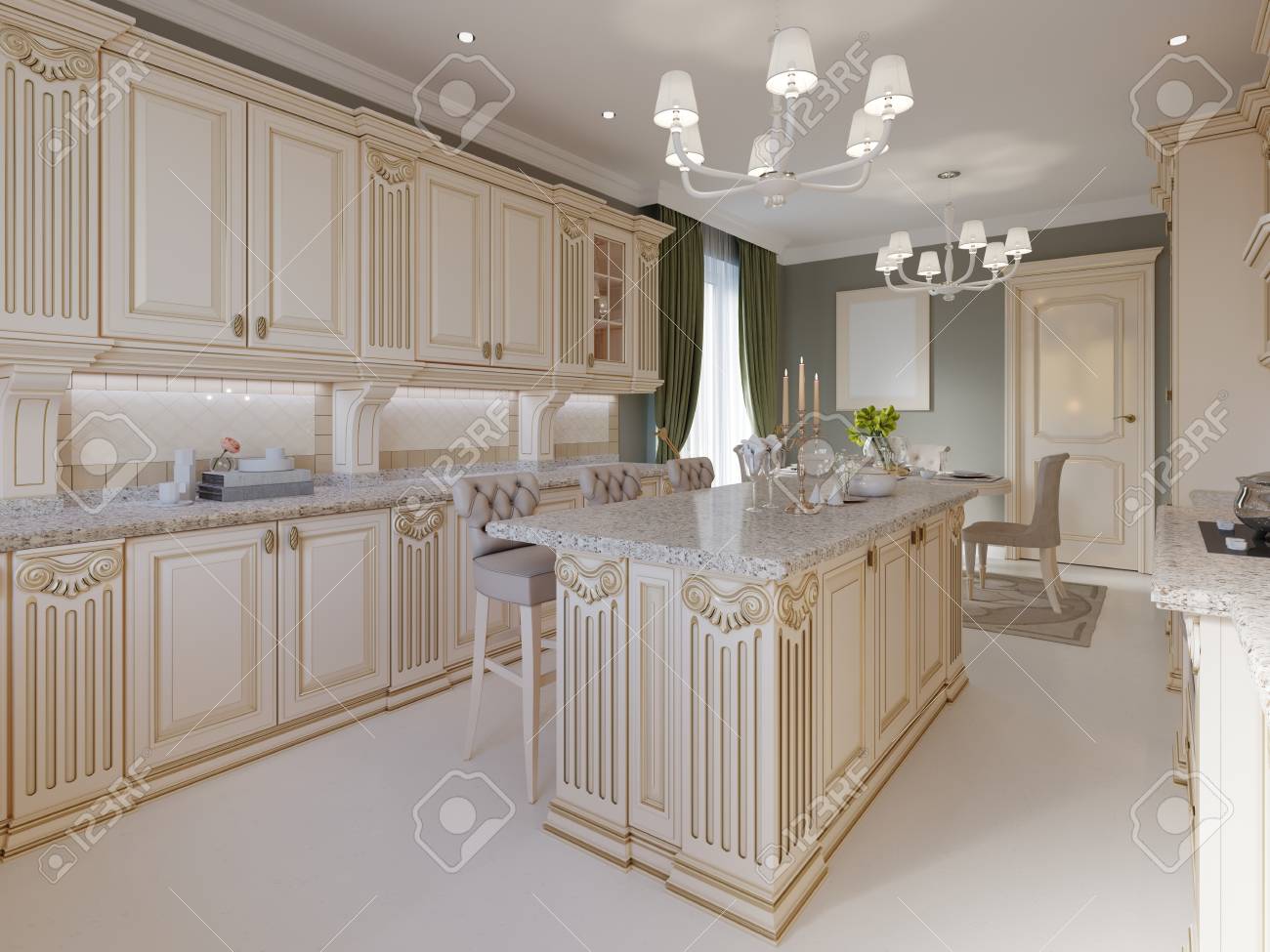 Classical Kitchen With Luxury Elements 3d Rendering Stock Photo Picture And Royalty Free Image Image 113851250