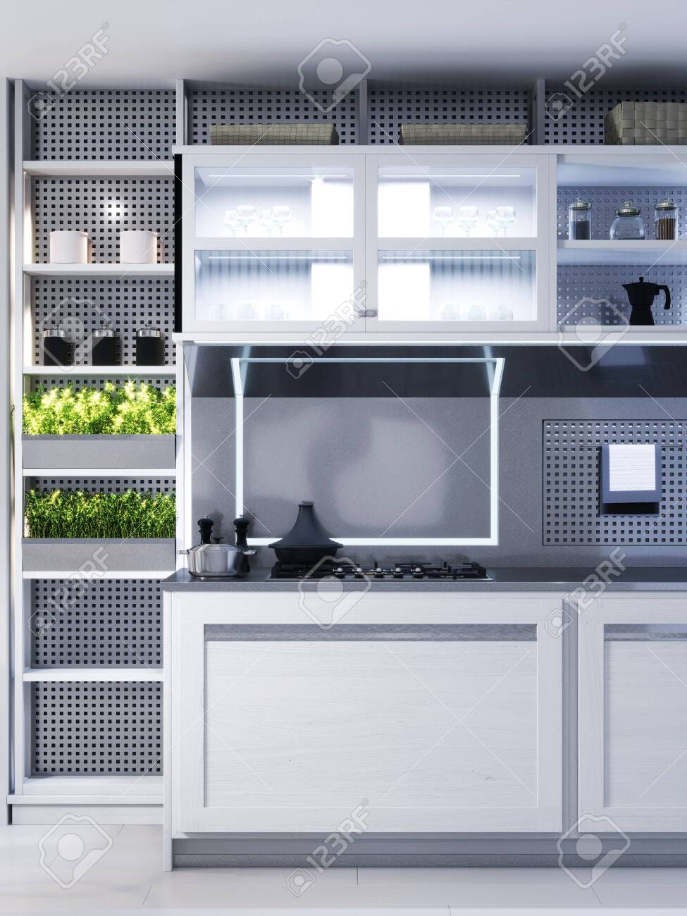 White Corner Kitchen In Contemporary Design With Modern Technological Stock Photo