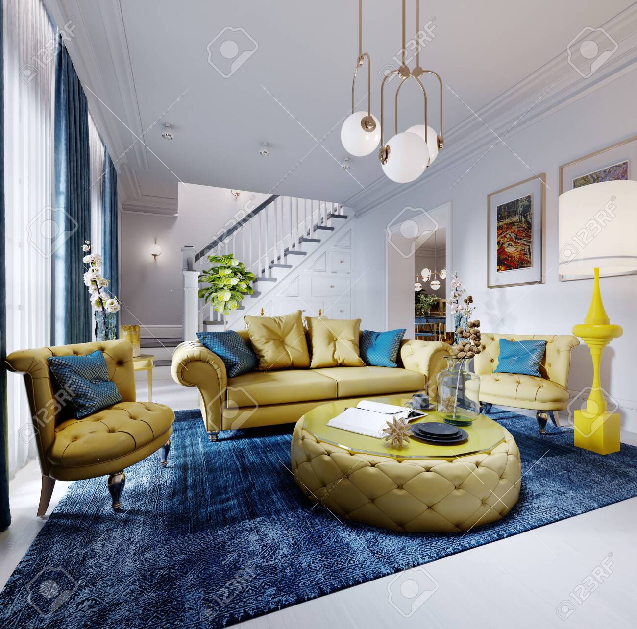 Luxurious Fashionable Living Room With Yellow Upholstered Furniture Stock Photo Picture And Royalty Free Image Image 150291395