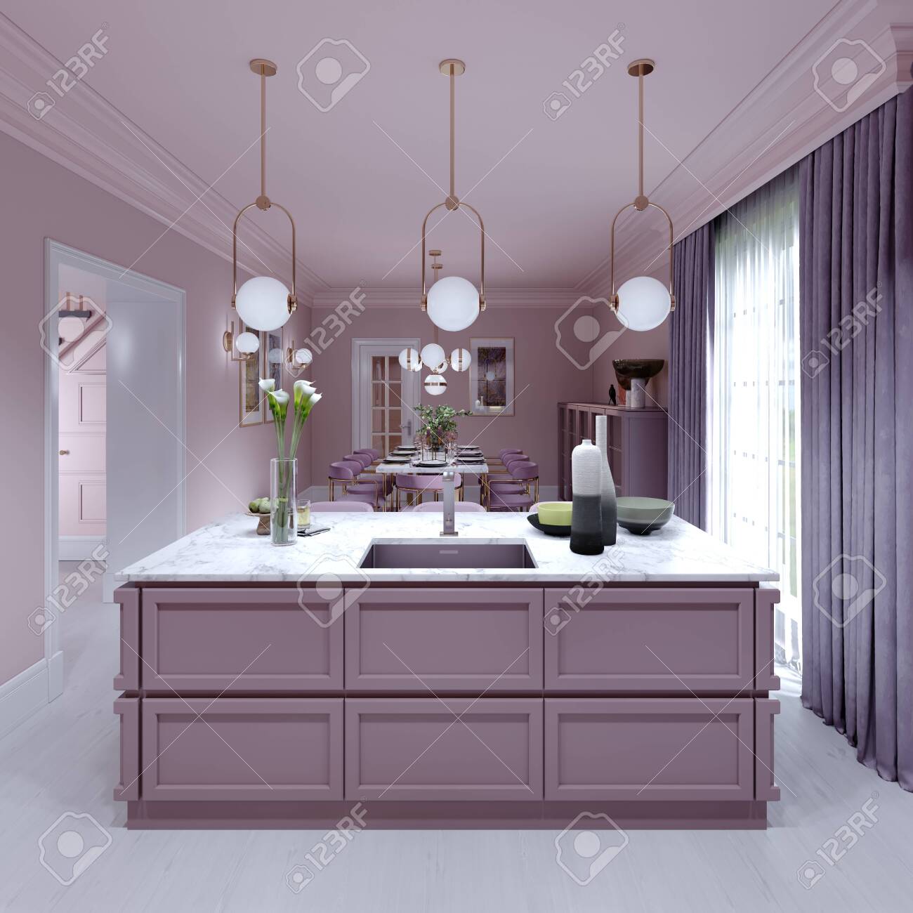 Kitchen Island Lilac Color In Trendy Country Style With Light Stock Photo