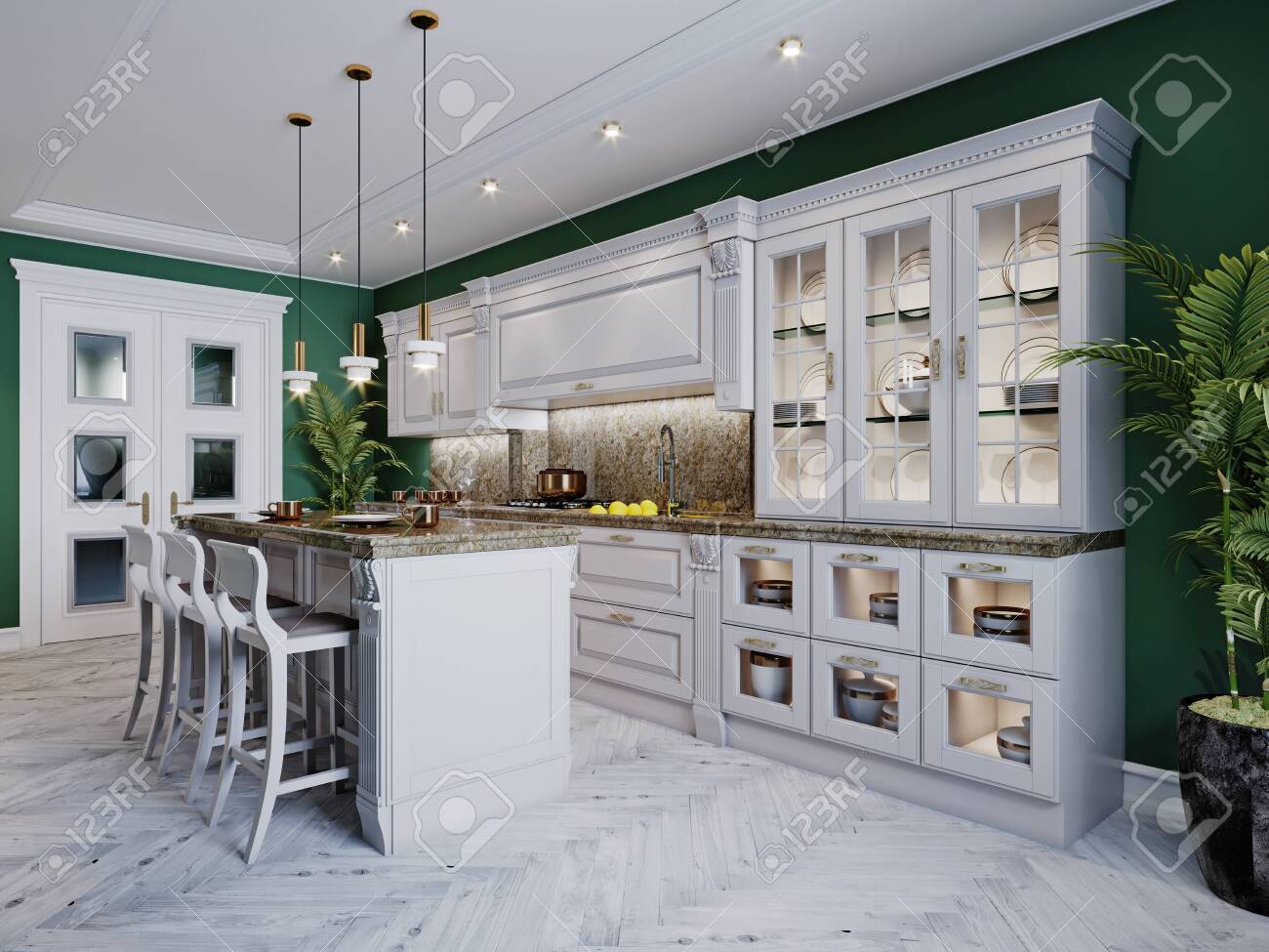 A Classic Kitchen With White Furniture And Green Walls And A Stock Photo Picture And Royalty Free Image Image 150530796