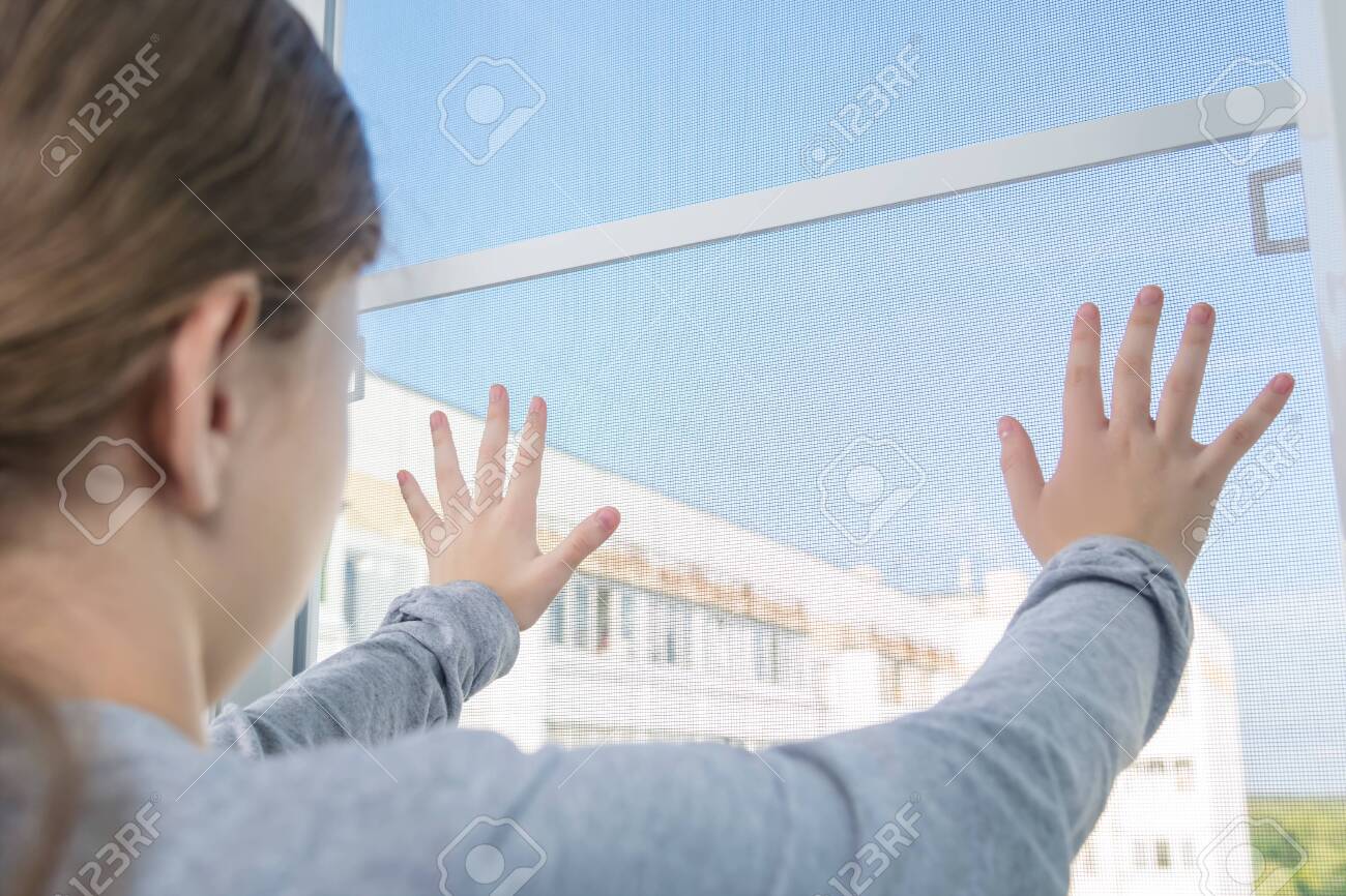 the girl dangerously put her hands on a loosely fixed mosquito net window, the danger of falling from the window, close-up - 141126622 the girl dangerously put her hands on a loosely fixed mosquito net window, the danger of falling from the window, close-up - 141126622