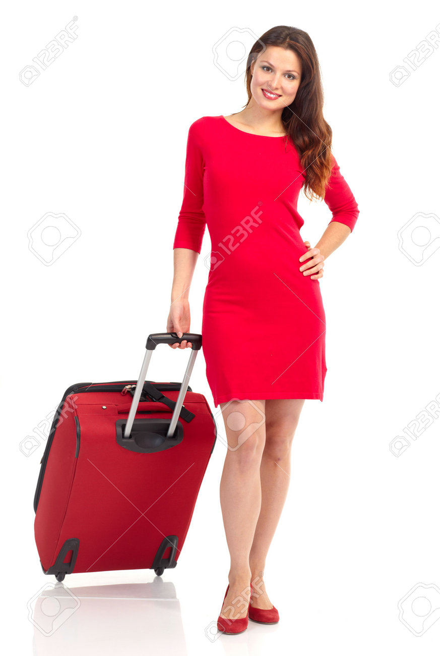 Happy tourist woman . Isolated over white background - 6309176 Happy tourist woman . Isolated over white background - 6309176